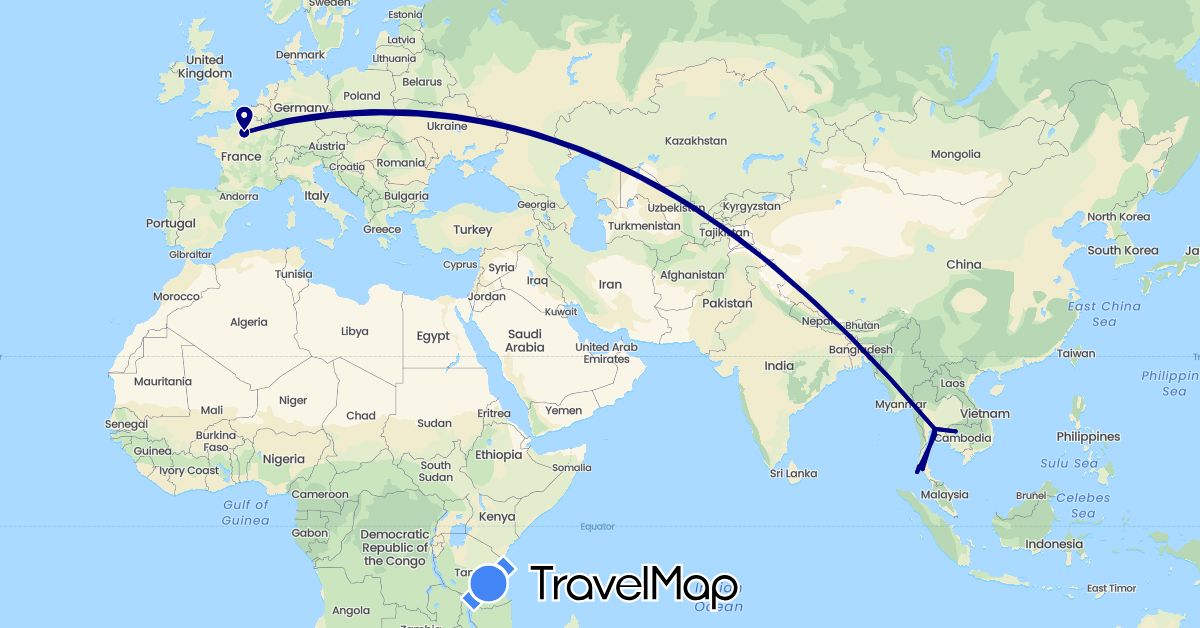 TravelMap itinerary: driving in Germany, France, Cambodia, Thailand (Asia, Europe)